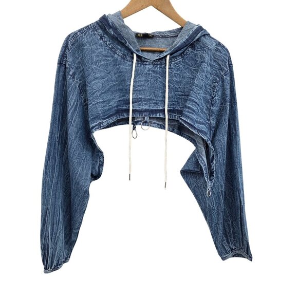 Acid Wash Denim Look Hoodie Pullover Top Crinkle StoneWash 3X Grunge Y2K 90s - Picture 1 of 12